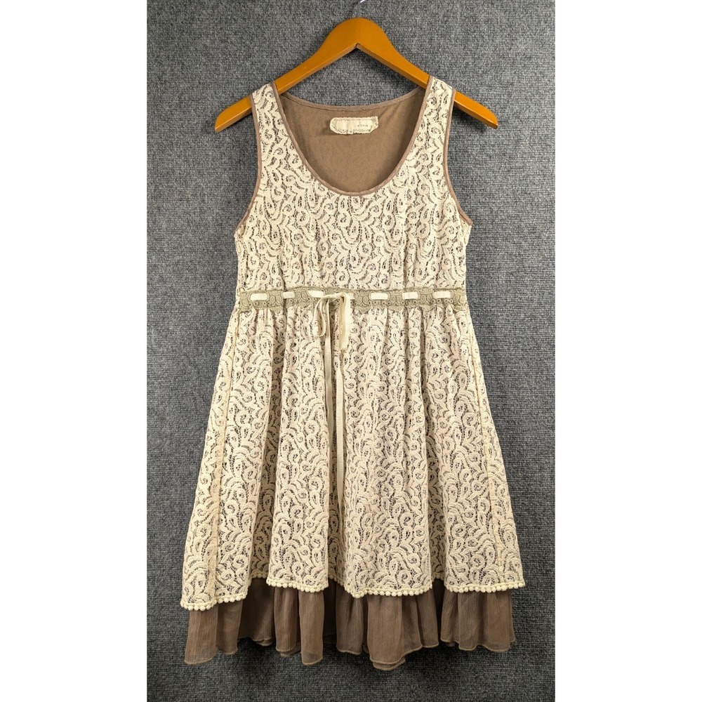 A'Reve Women's Beige Lace Overlay Sleeveless Fit & Flare Boho Cottagecore Dress